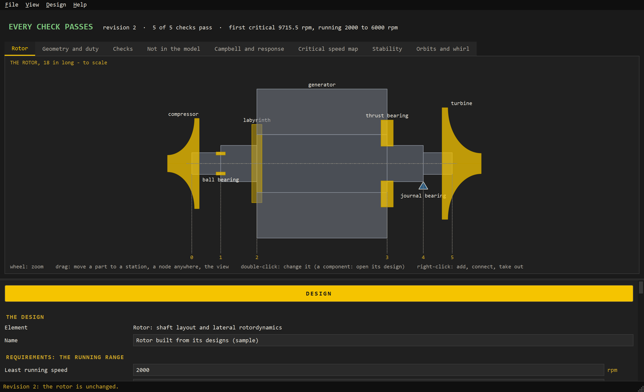 LOGOS Systema rotor tool: a shaft with its compressor, generator, turbine, bearings, and seal drawn to scale, for critical speeds, stability, and the thrust balance