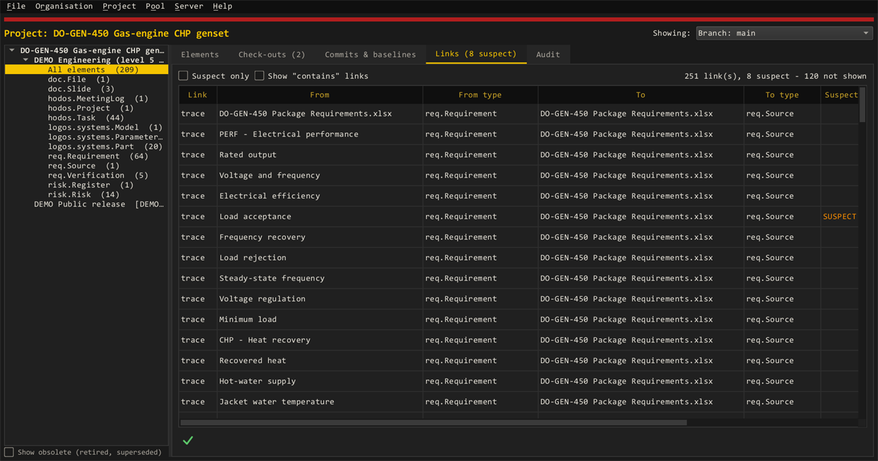 LOGOS Agora's Links tab: requirements traced to their source document, one gone suspect after the requirement changed